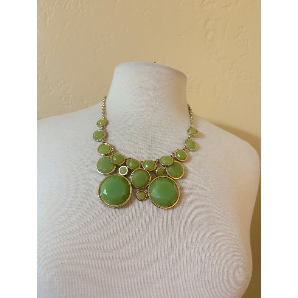 Green Resin Cabochon Gold Tone Statement Bib Necklace Adjustable Lobster Clasp